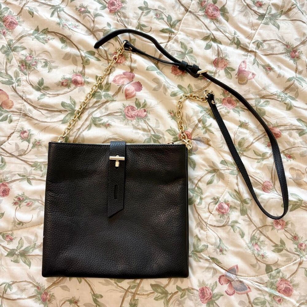 Thacker Black Leather Crossbody with Gold Chain